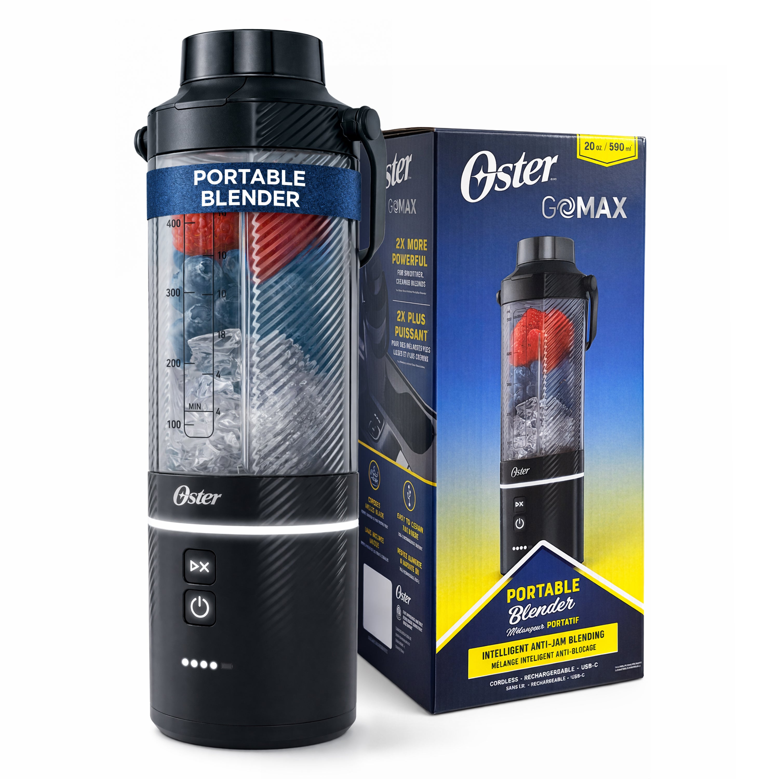 Oster GoMAX Portable Blender — Anti-Jam Reversible Blade, Detachable Travel Cup, 2x Powerful Motor — Leakproof & Dishwasher-Safe Personal Blender for Smoothies (20 Oz. Black)