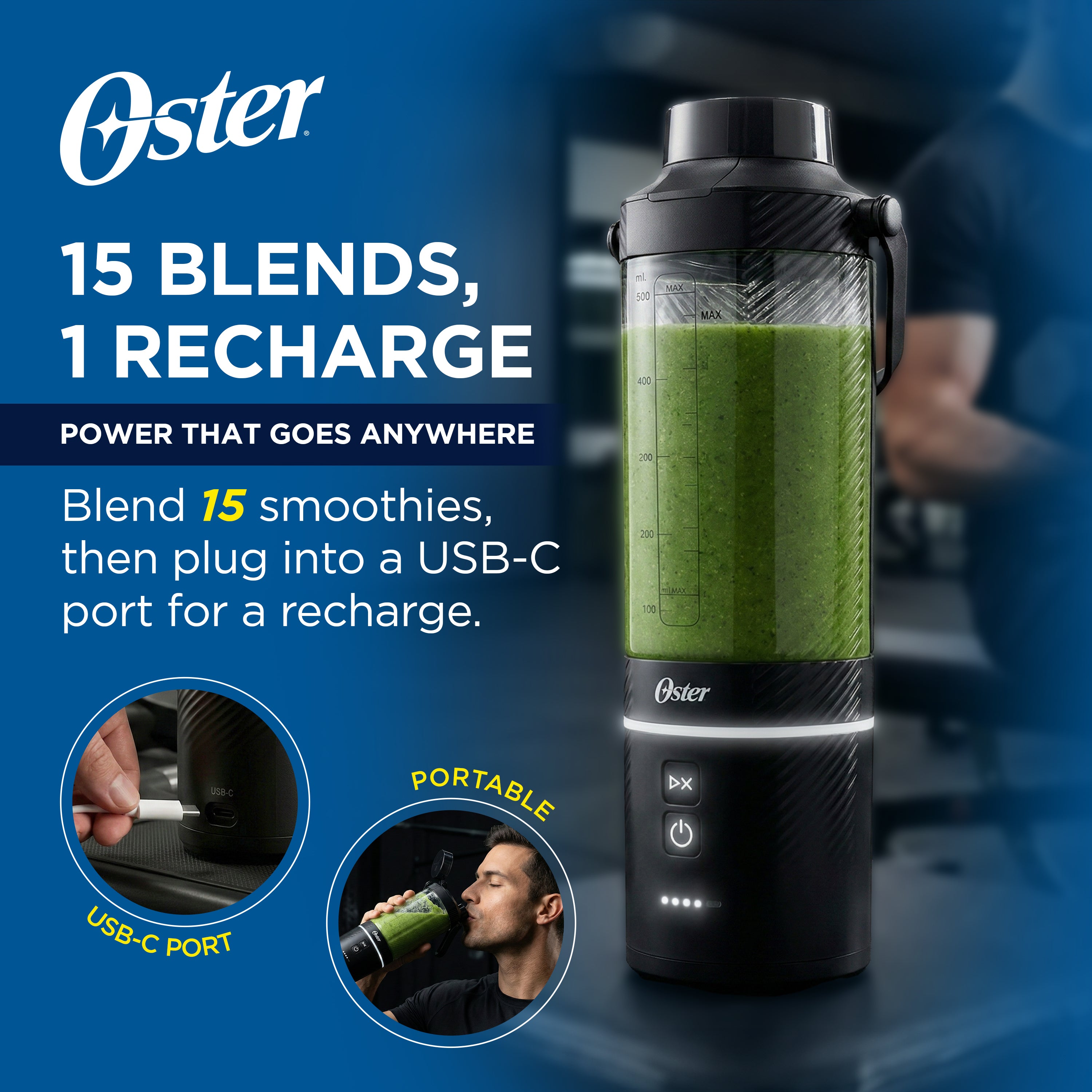 Oster GoMAX Portable Blender — Anti-Jam Reversible Blade, Detachable Travel Cup, 2x Powerful Motor — Leakproof & Dishwasher-Safe Personal Blender for Smoothies (20 Oz. Black)