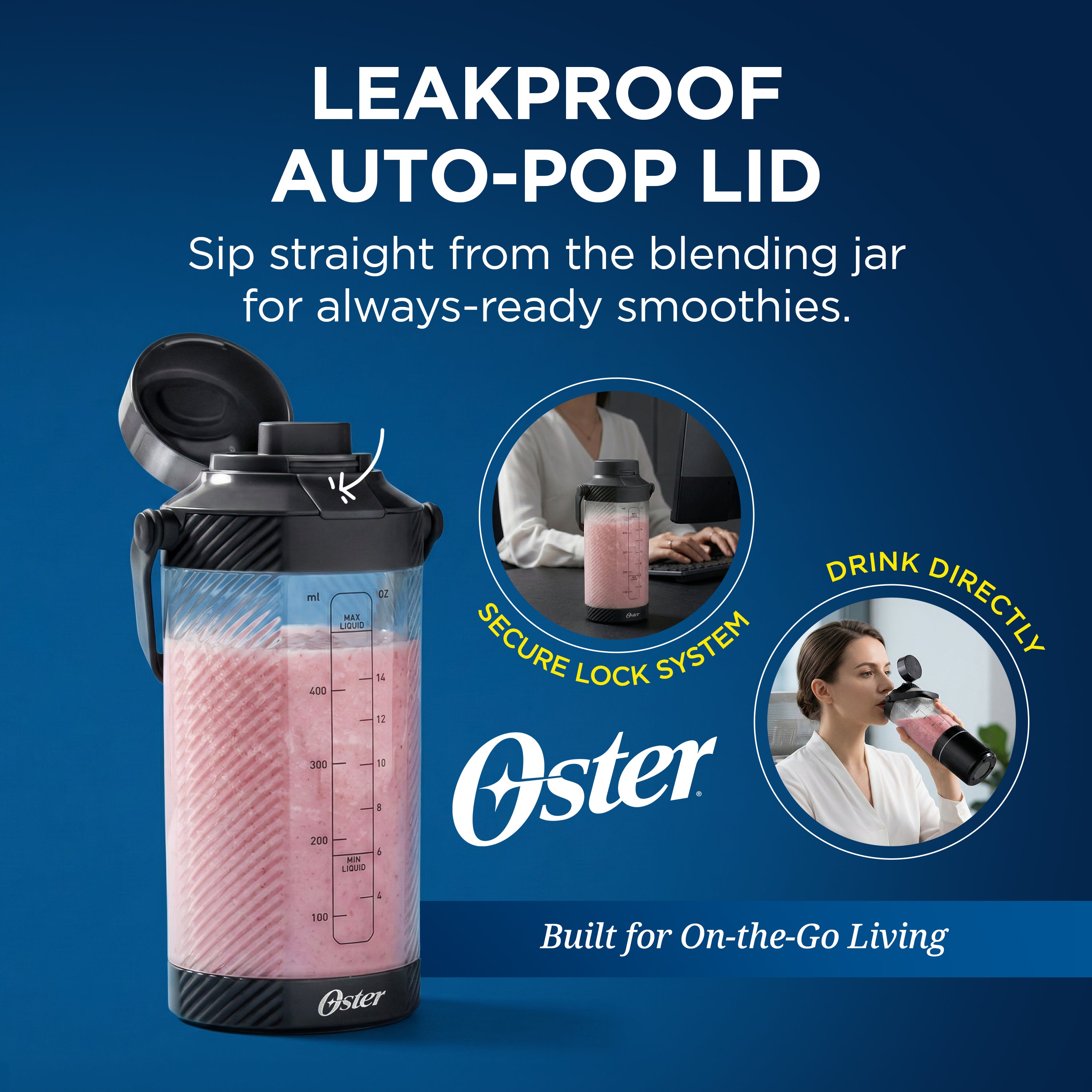 Oster GoMAX Portable Blender — Anti-Jam Reversible Blade, Detachable Travel Cup, 2x Powerful Motor — Leakproof & Dishwasher-Safe Personal Blender for Smoothies (20 Oz. Black)