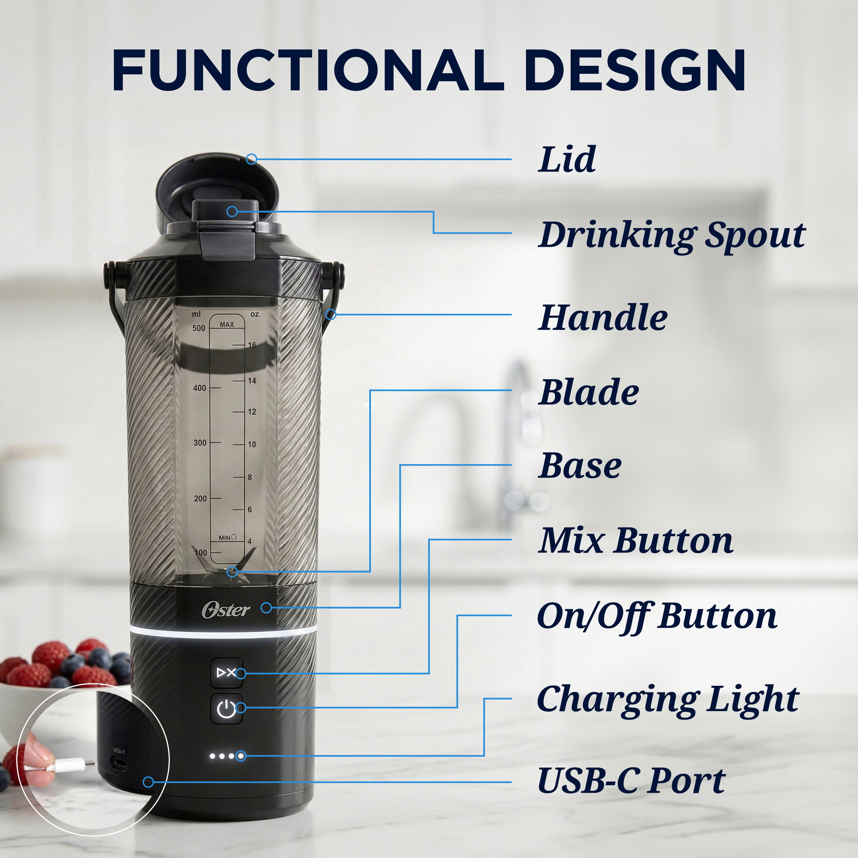 Oster GoMAX Portable Blender — Anti-Jam Reversible Blade, Detachable Travel Cup, 2x Powerful Motor — Leakproof & Dishwasher-Safe Personal Blender for Smoothies (20 Oz. Black)