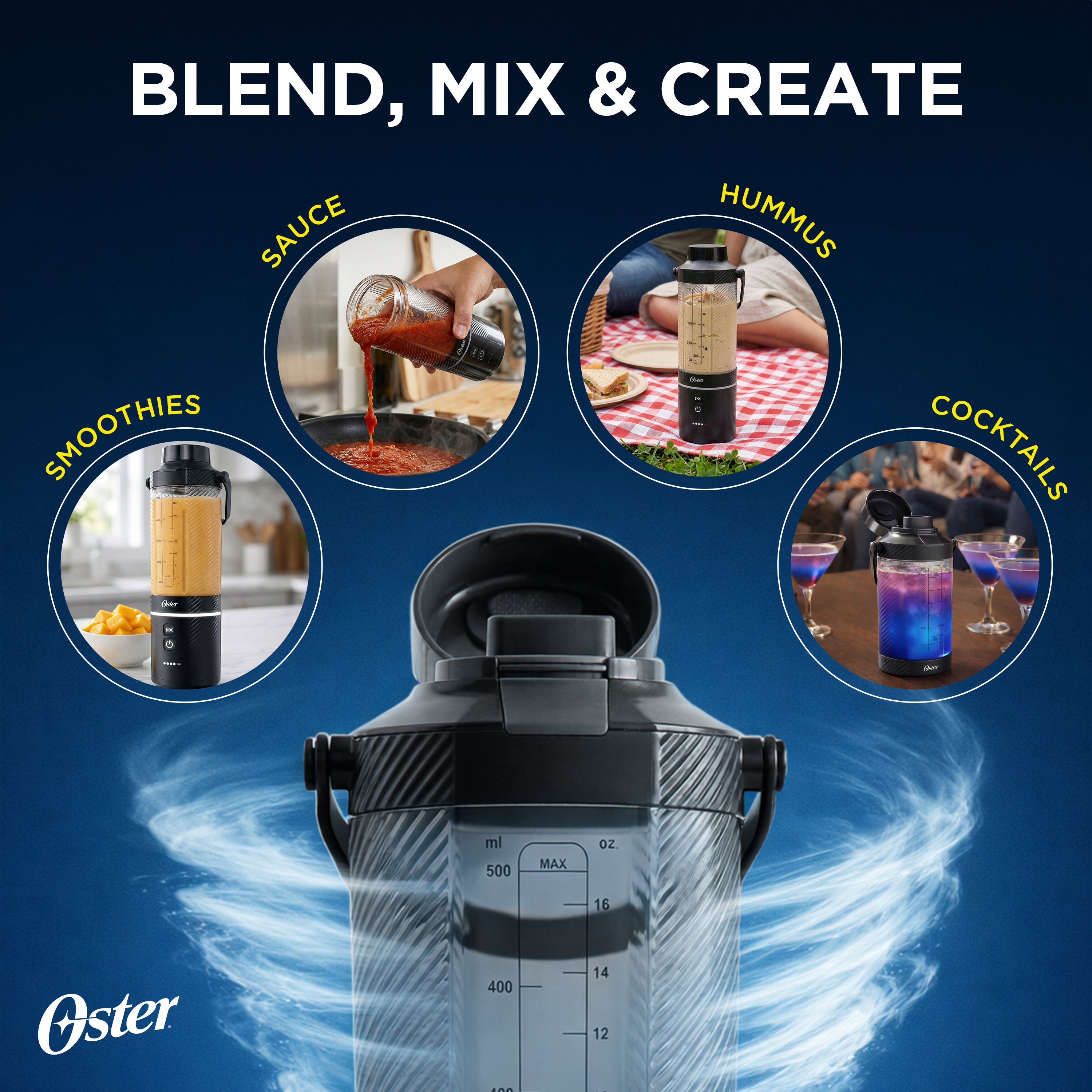 Oster GoMAX Portable Blender — Anti-Jam Reversible Blade, Detachable Travel Cup, 2x Powerful Motor — Leakproof & Dishwasher-Safe Personal Blender for Smoothies (20 Oz. Black)