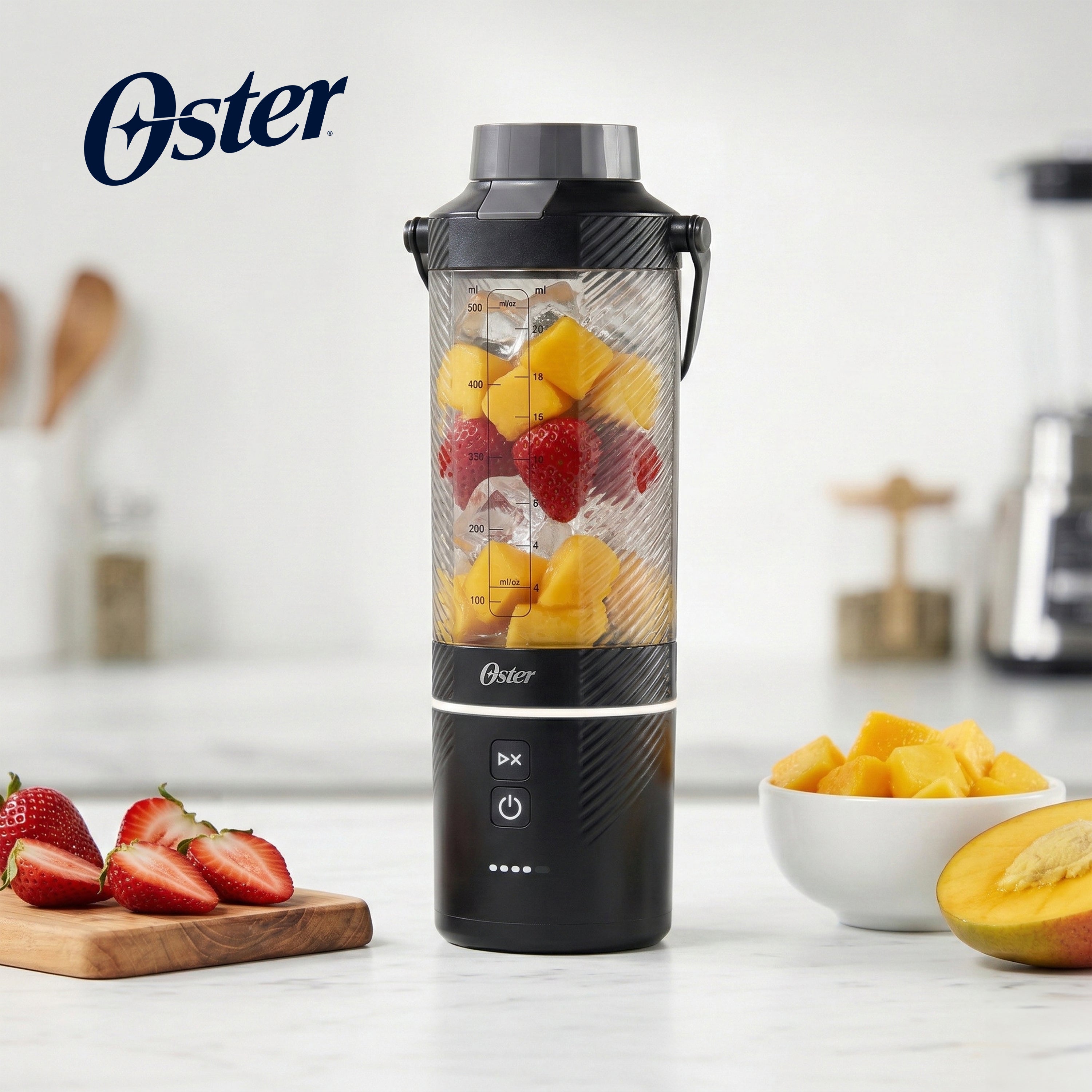 Oster GoMAX Portable Blender — Anti-Jam Reversible Blade, Detachable Travel Cup, 2x Powerful Motor — Leakproof & Dishwasher-Safe Personal Blender for Smoothies (20 Oz. Black)