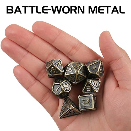 ENHANCE DnD Metal Dice Set - 7pc Polyhedral Dice with Storage Case and Dice Bag