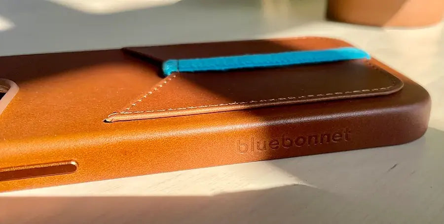 Bluebonnet - iPhone 14 Pro Wallet Case Folio, Calfskin Leather, Magsafe Compatible, Wireless Charging, Designed for Organization - Saddle Tan