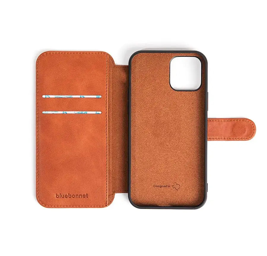 Bluebonnet - iPhone 13 Pro Case Folio, Calfskin Leather, Magsafe Compatible, Wireless Charging, Designed for Organization - Tuscan Tan