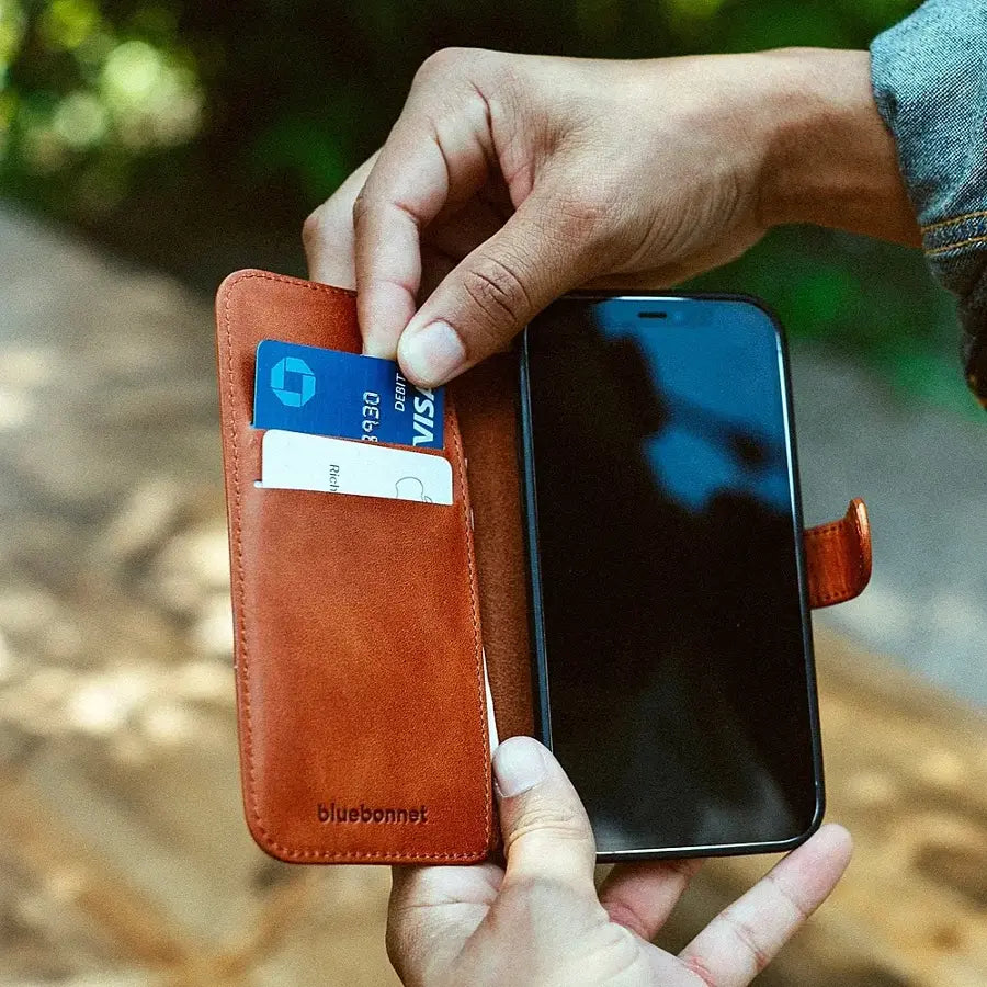 Bluebonnet - iPhone 13 Pro Case Folio, Calfskin Leather, Magsafe Compatible, Wireless Charging, Designed for Organization - Tuscan Tan