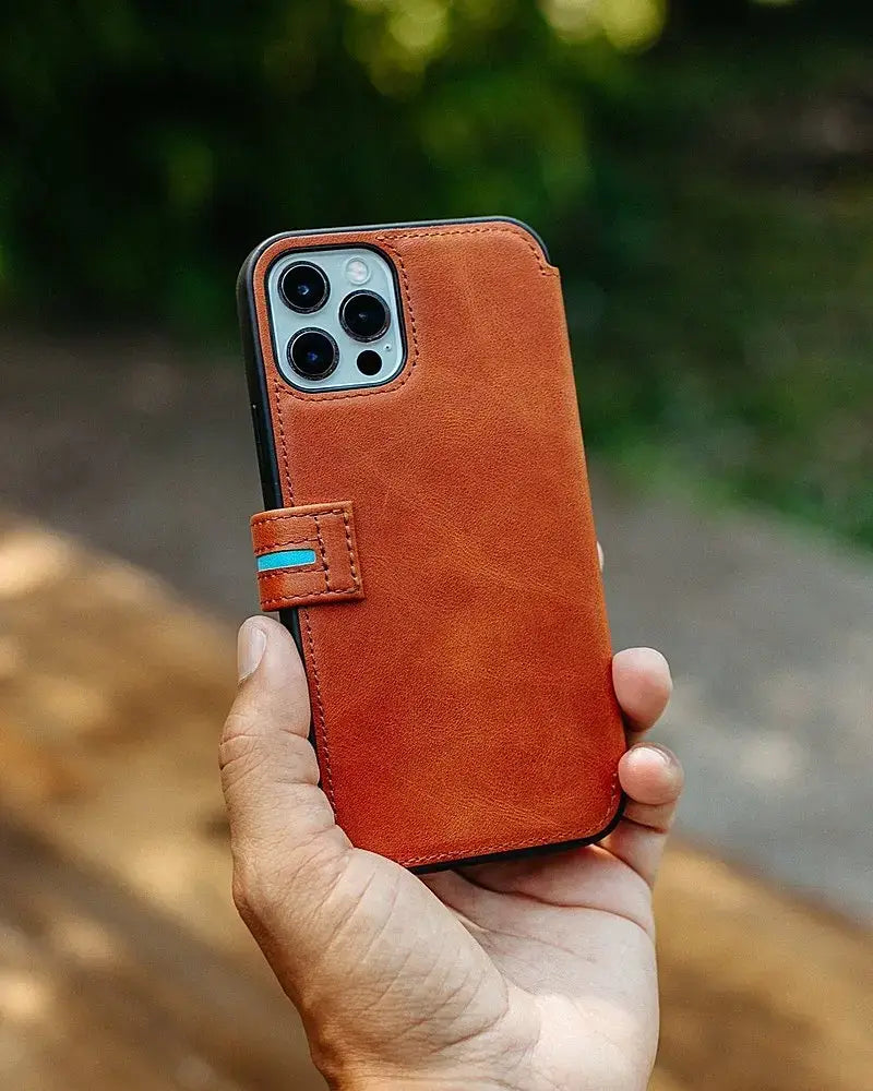 Bluebonnet - iPhone 13 Pro Case Folio, Calfskin Leather, Magsafe Compatible, Wireless Charging, Designed for Organization - Tuscan Tan