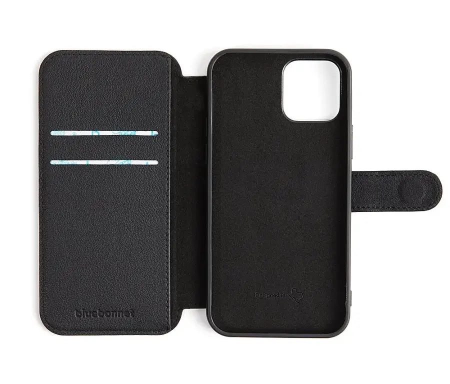 Bluebonnet - iPhone 13 Pro Case Folio, Calfskin Leather, Magsafe Compatible, Wireless Charging, Designed for Organization - Black
