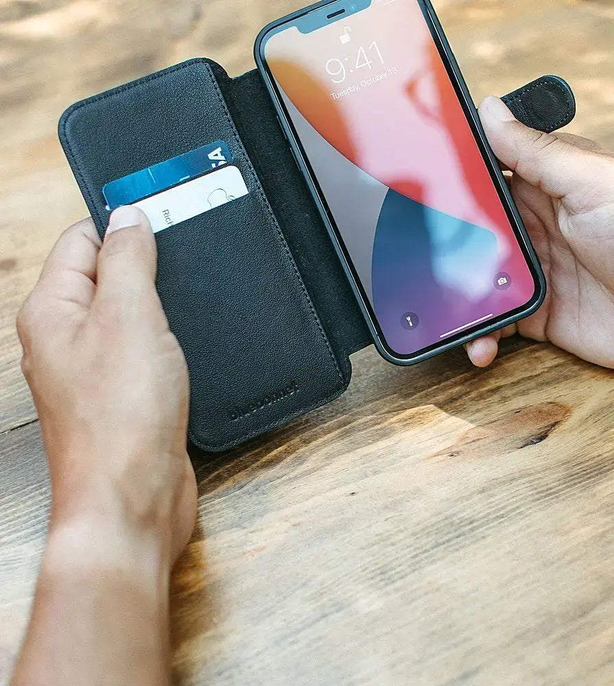 Bluebonnet - iPhone 13 Pro Case Folio, Calfskin Leather, Magsafe Compatible, Wireless Charging, Designed for Organization - Black