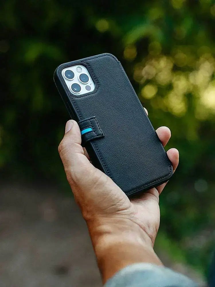 Bluebonnet - iPhone 13 Pro Case Folio, Calfskin Leather, Magsafe Compatible, Wireless Charging, Designed for Organization - Black