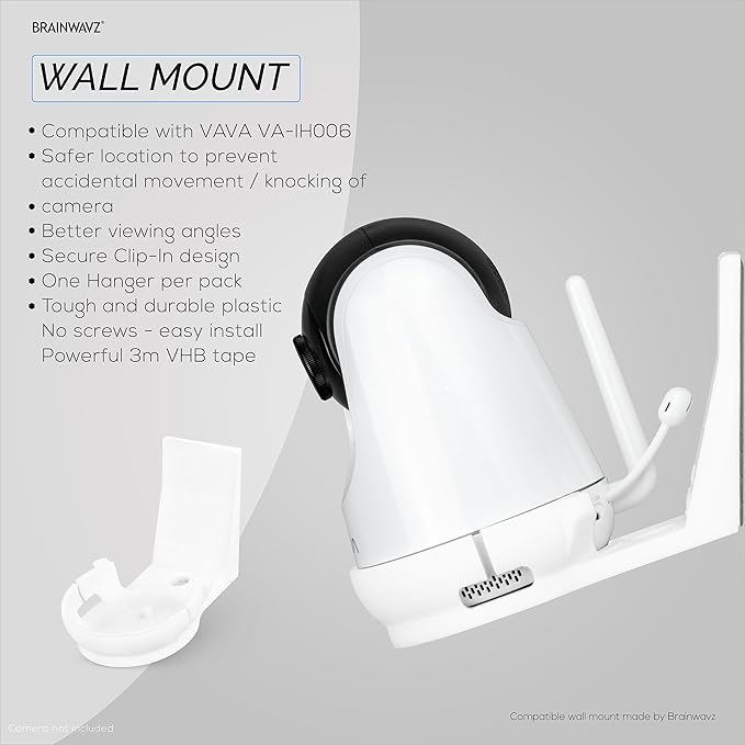 BRAINWAVZ Adheasive Wall Mount for VAVA Baby Monitor Camera (VA-IH006) Shelf - No Screws, Easy to Install, No Mess, Strong Mount Holder, White