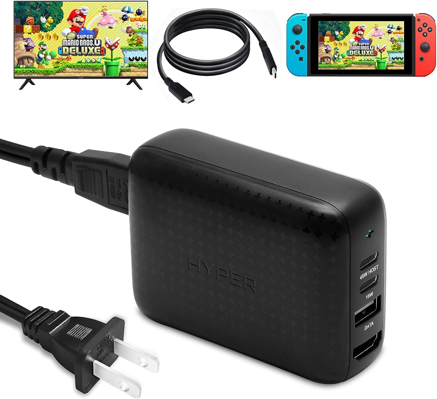HyperDrive 60W Switch Dock USB-C Charge, 3X USB 3.0 PD HDMI 4K60Hz for NS Switch Pro TV Docking Station, Portable Travel Type C Power hub for MacBook Pro Air iPad with Charging Cable