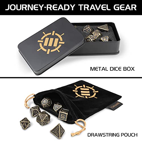 ENHANCE DnD Metal Dice Set - 7pc Polyhedral Dice with Storage Case and Dice Bag