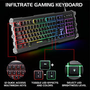 ENHANCE Infiltrate Membrane Gaming Keyboard - RGB Gaming Keyboard with Quiet Mechanical Clicking Keys - 7 Color LED + 9 Dynamic Effects, LED Sound Response - Spill Resistant with Metal Accents