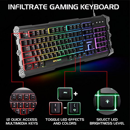 ENHANCE Infiltrate Membrane Gaming Keyboard - RGB Gaming Keyboard with Quiet Mechanical Clicking Keys - 7 Color LED + 9 Dynamic Effects, LED Sound Response - Spill Resistant with Metal Accents