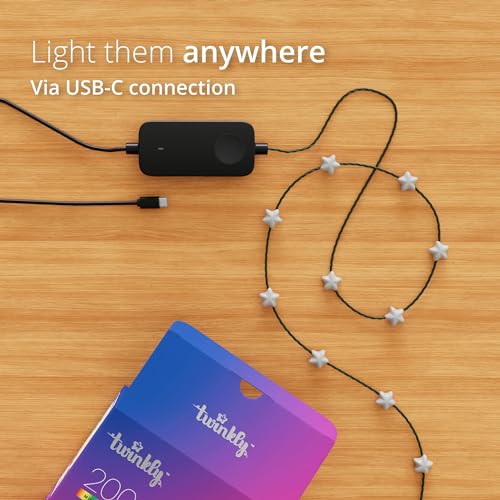 Twinkly Strings USB-C Star 200 LED, Star-Shaped LED Light String, RGB Multicolor LED Lights, Valentine's Day Lights, Compatible with Alexa, Google Home, USB-C Power, Green Wire, 39.4ft