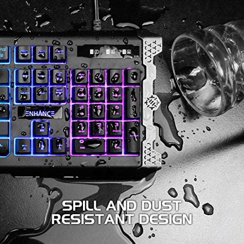 ENHANCE Infiltrate Membrane Gaming Keyboard - RGB Gaming Keyboard with Quiet Mechanical Clicking Keys - 7 Color LED + 9 Dynamic Effects, LED Sound Response - Spill Resistant with Metal Accents