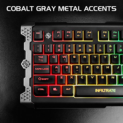 ENHANCE Infiltrate Membrane Gaming Keyboard - RGB Gaming Keyboard with Quiet Mechanical Clicking Keys - 7 Color LED + 9 Dynamic Effects, LED Sound Response - Spill Resistant with Metal Accents