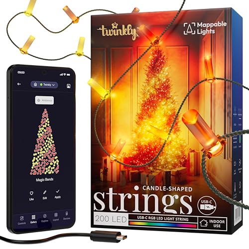 Twinkly Candies   App-Controlled Candle-Shaped LED Light String with 200 RGB (16 Million Colors) LEDs. 5 Meters / 16.4 Feet. Green Wire. USB-C-Powered. Indoor Smart Home Lighting Decoration