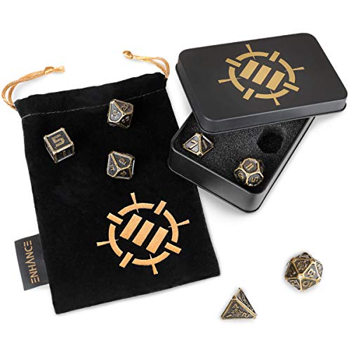 ENHANCE DnD Metal Dice Set - 7pc Polyhedral Dice with Storage Case and Dice Bag