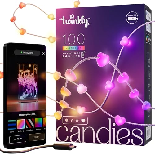 Twinkly Strings USB-C Heart 100 LED, Heart-Shaped LED Light String, RGB Multicolor LED Lights, Valentine's Day Lights, Compatible with Alexa, Google Home, USB-C Power, Transparent Wire, 19.7ft