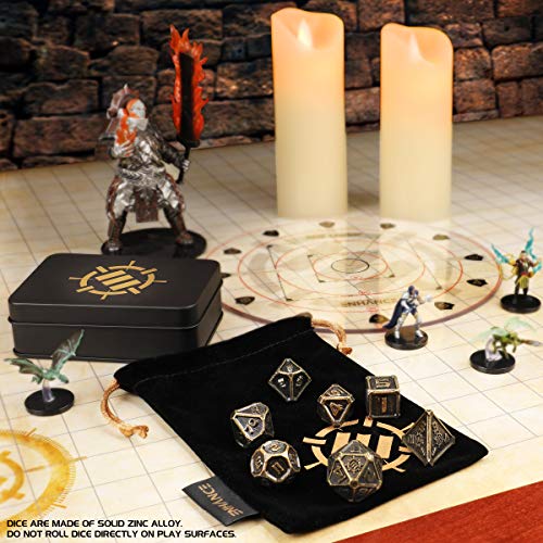 ENHANCE DnD Metal Dice Set - 7pc Polyhedral Dice with Storage Case and Dice Bag