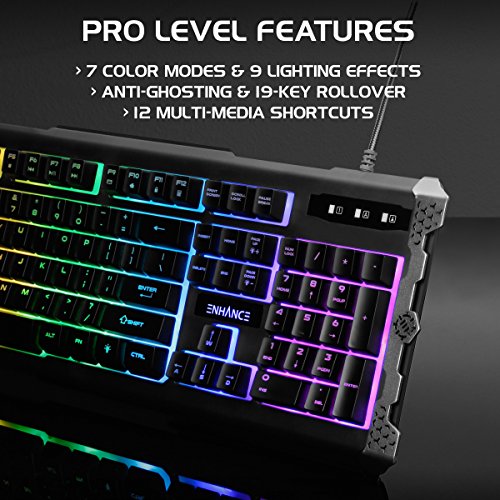 ENHANCE Infiltrate Membrane Gaming Keyboard - RGB Gaming Keyboard with Quiet Mechanical Clicking Keys - 7 Color LED + 9 Dynamic Effects, LED Sound Response - Spill Resistant with Metal Accents